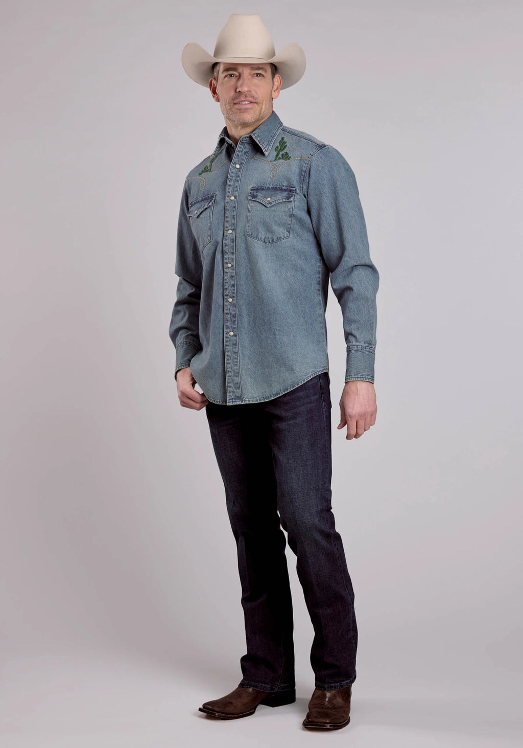 ROPER LONG SLEEVE SNAP MED WASH DENIM SHIRT W/ BRONC RIDER