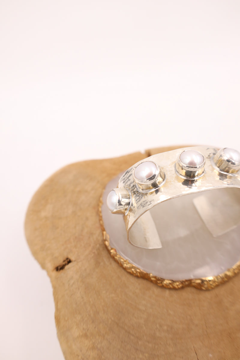 hammered sterling silver cuff with 5 pearls on front