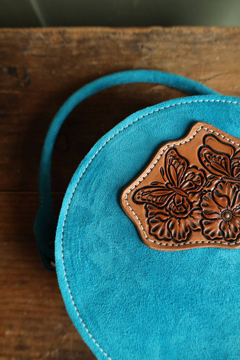 JRW LEATHER TURQUOISE SUEDE BUTTERFLY PATCH PURSE
