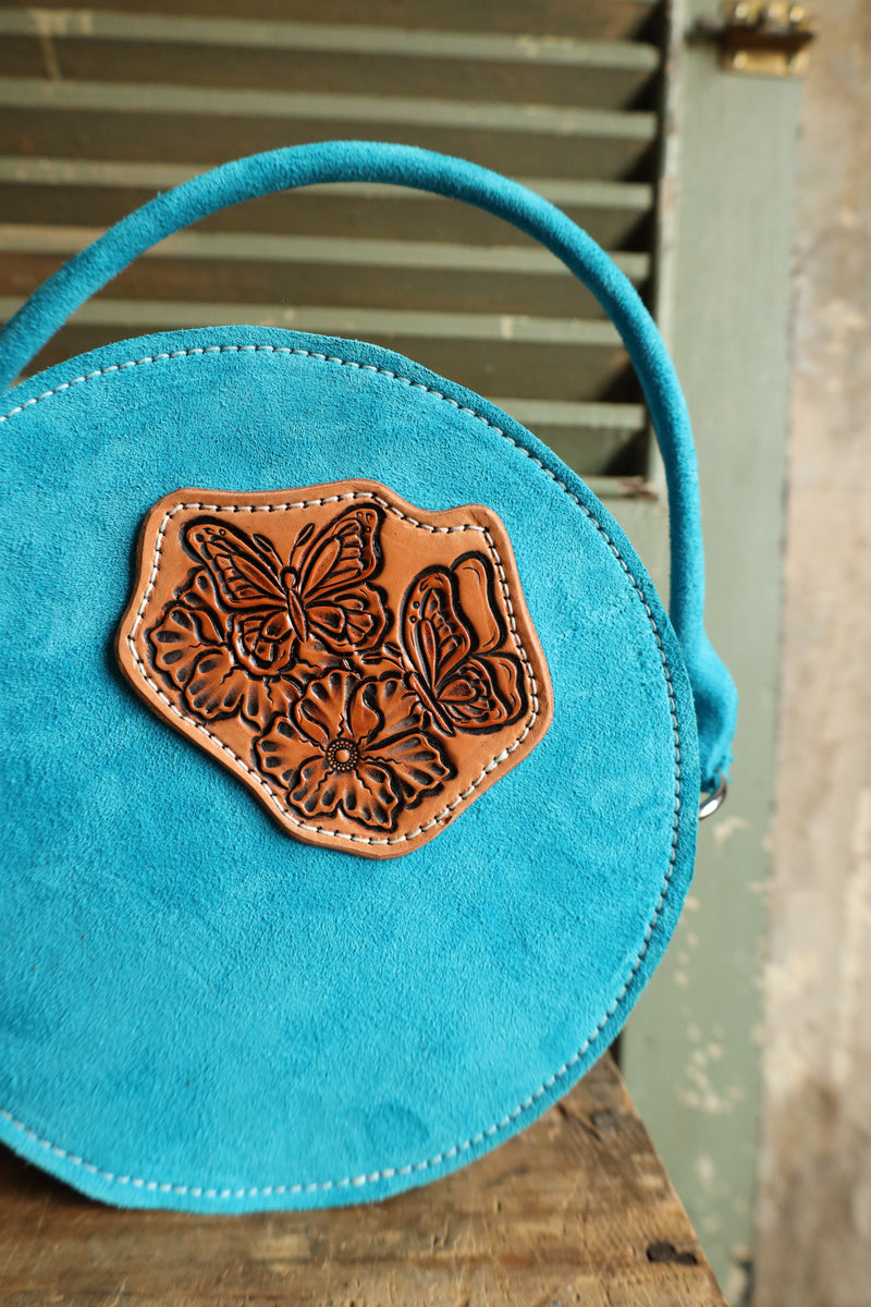 JRW LEATHER TURQUOISE SUEDE BUTTERFLY PATCH PURSE