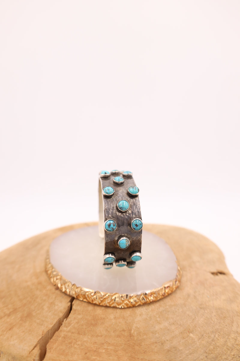 Sterling silver hammered cuff with 26 turquoise dots all over