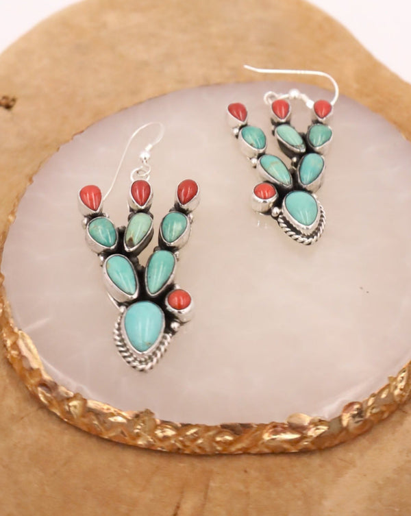 TURQUOISE AND RED CORAL CACTUS HOOK EARRING 