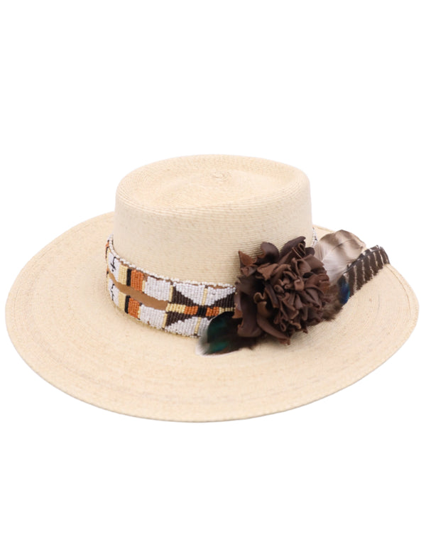 DONNA MARIE TAN, WHITE AND BROWN BEADS BROWN ROSE HAT 