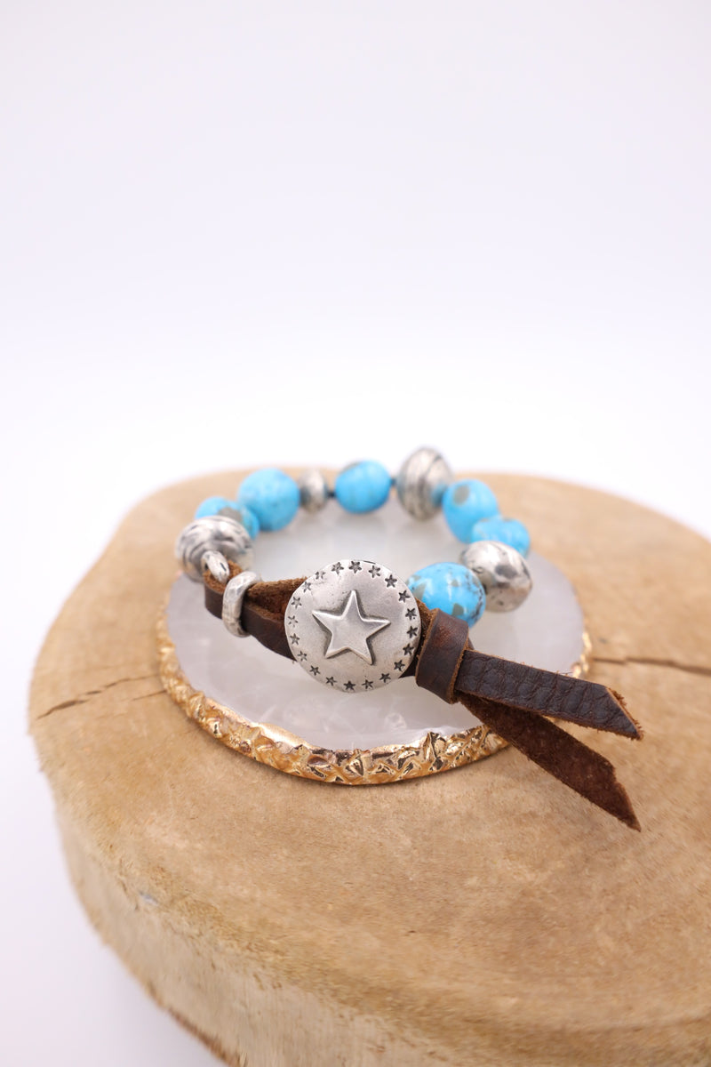 LOVE TOKENS BLUE TURQUOISE LEATHER STERLING SILVER BEADS BRACELET