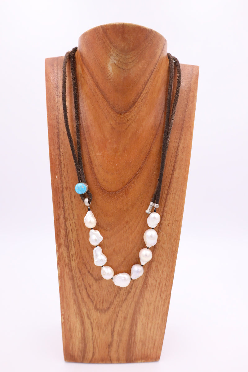 LOVE TOKENS THE ARIZONA LEATHER, BAROQUE AND TURQUOISE NECKLACE