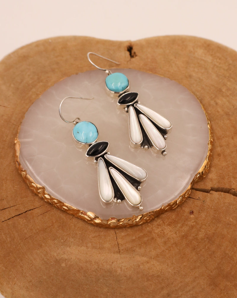 Turquoise, Onyx, and Mother Of Pearl Drop Earring in a unique claw shape