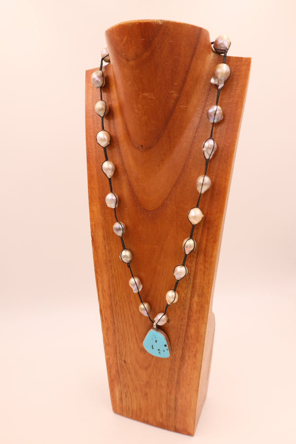Knotted blush baroque pearls with 65CT Sleeping Beauty Turquoise