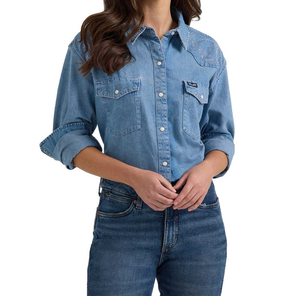 Woman Wearing Wrangler Western Snap Embroidered Denim Long Sleeve Shirt
