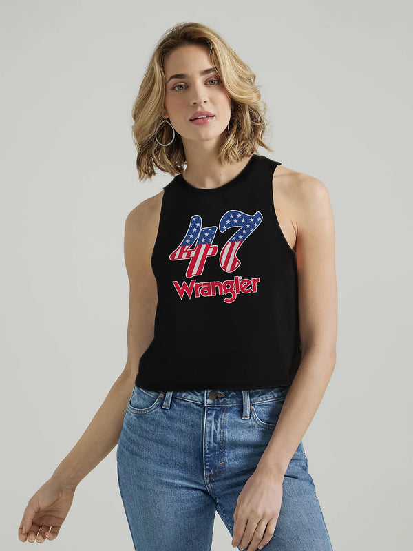 Woman wearing black tank top with number 47 in an American flag print and script "Wrangler" underneath 