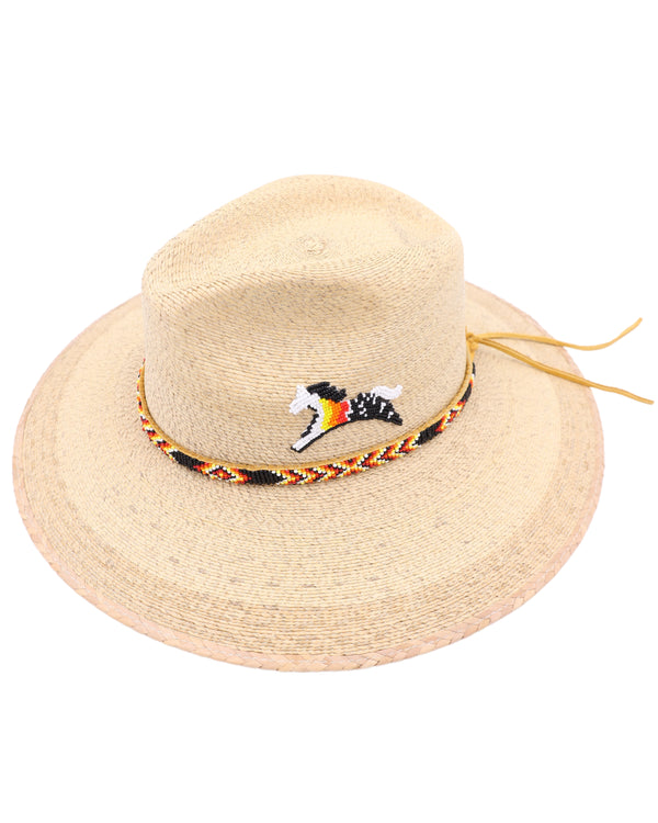 Straw fedora hat adorned with a hand strung black, yellow, red, orange and white beaded hatband, this hat is perfect for any occasion. Show off your funky spirit with the white, red, orange, yellow and black horse design on the crown.