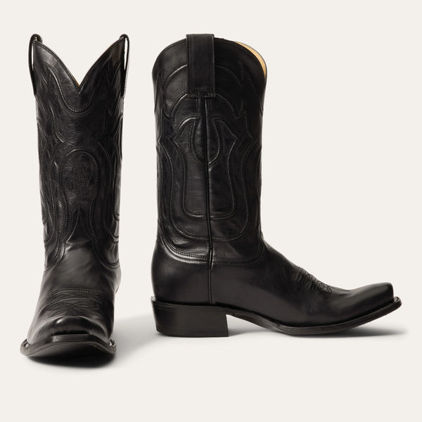 Men's black cowboy boot with square toe, cording stitch design on shaft and pull tabs