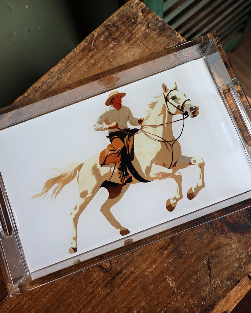 Cowboy riding on horse in acrylic tray