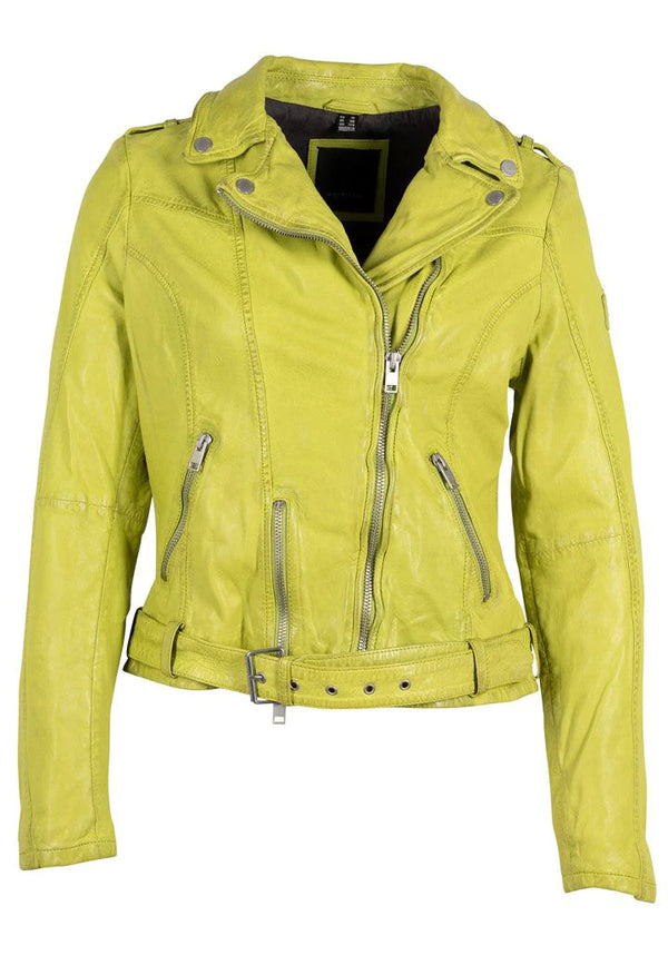 Woman wearing lime green leather jacket