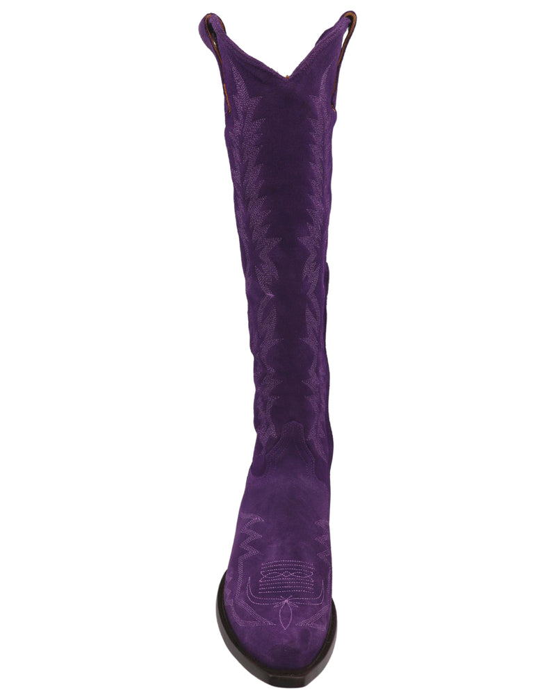 Purple Suede Boots for ladies with 18 inch shaft,  right boot front view