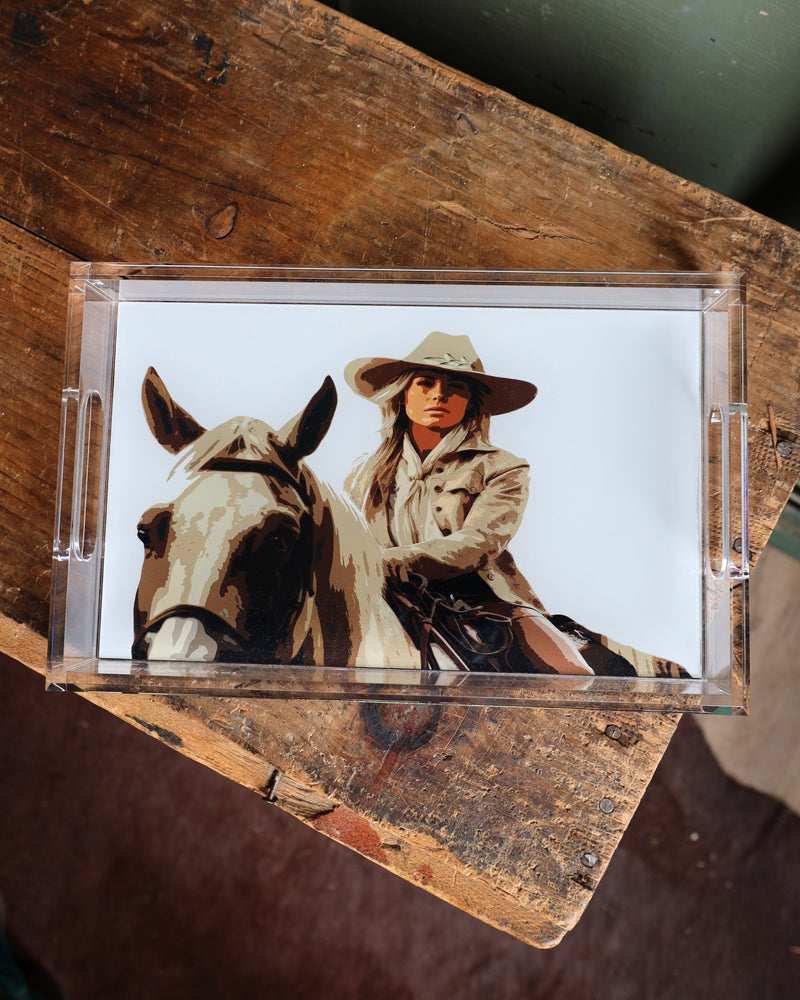 Acrylic tray with graphic design of cowgirl on horse