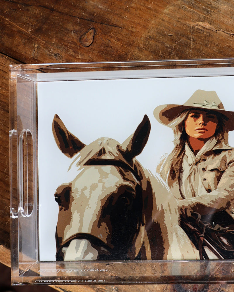 Acrylic tray with graphic design of cowgirl on horse
