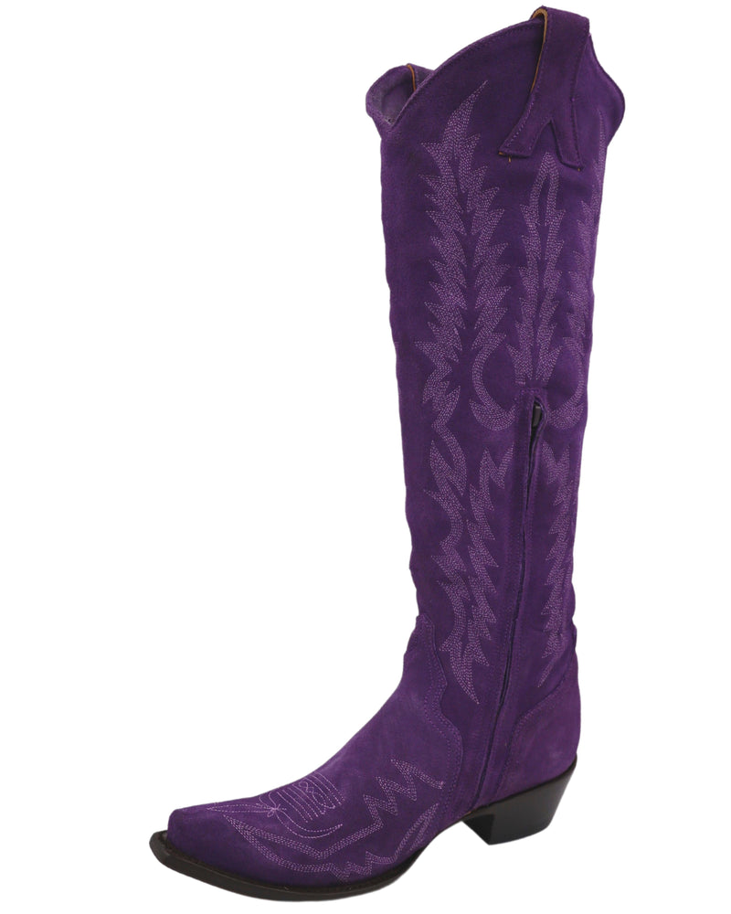 Purple Suede Boots for ladies with 18 inch shaft, right boot 90 degree angle left zipper side