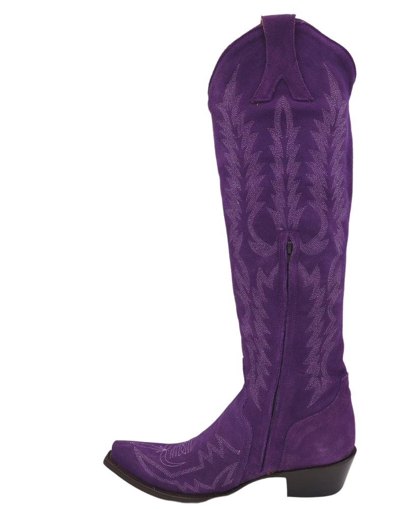 Purple Suede Boots for ladies with 18 inch shaft, 90 degree angle zipper side