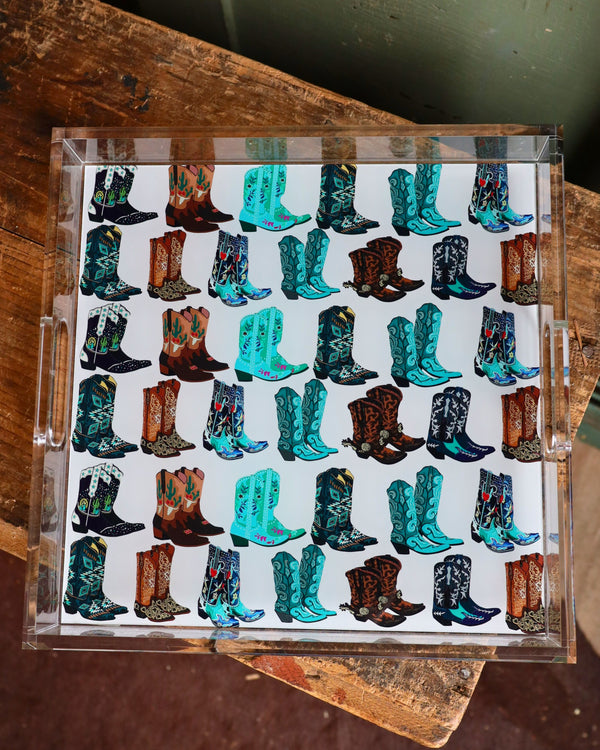 Acrylic tray with cowboy boot graphic design