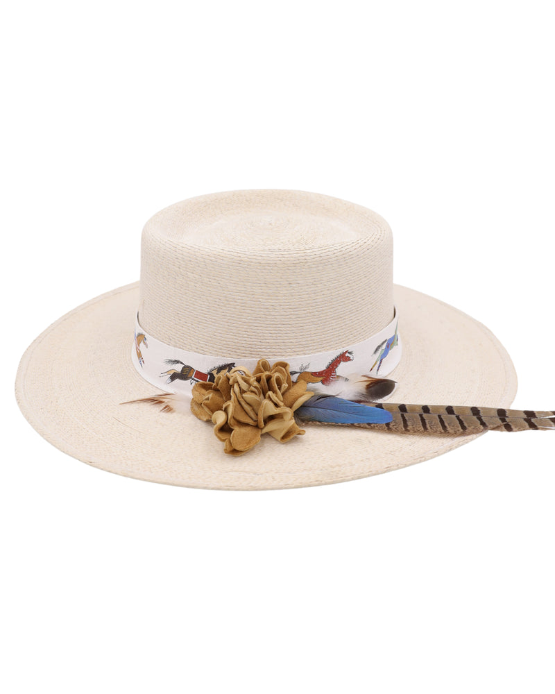 High-quality straw flat brim hat with boater crown is adorned with a white leather hat band, this hat features stunning hand-painted war horses and a tan leather rose with colorful feathers.