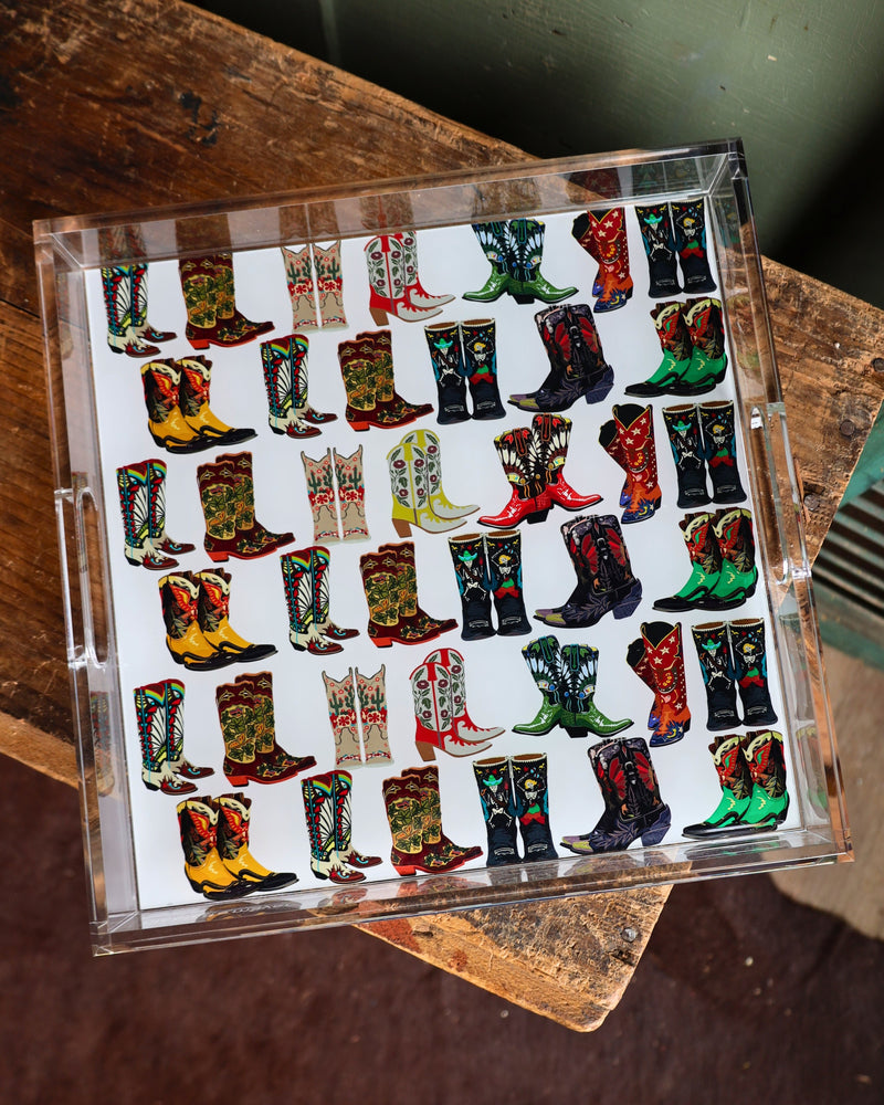 Acrylic tray with variety of graphic cowboy boots all over