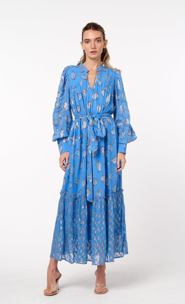Long sleeve blue dress with tiered accent and metallic abstract polkadot pattern