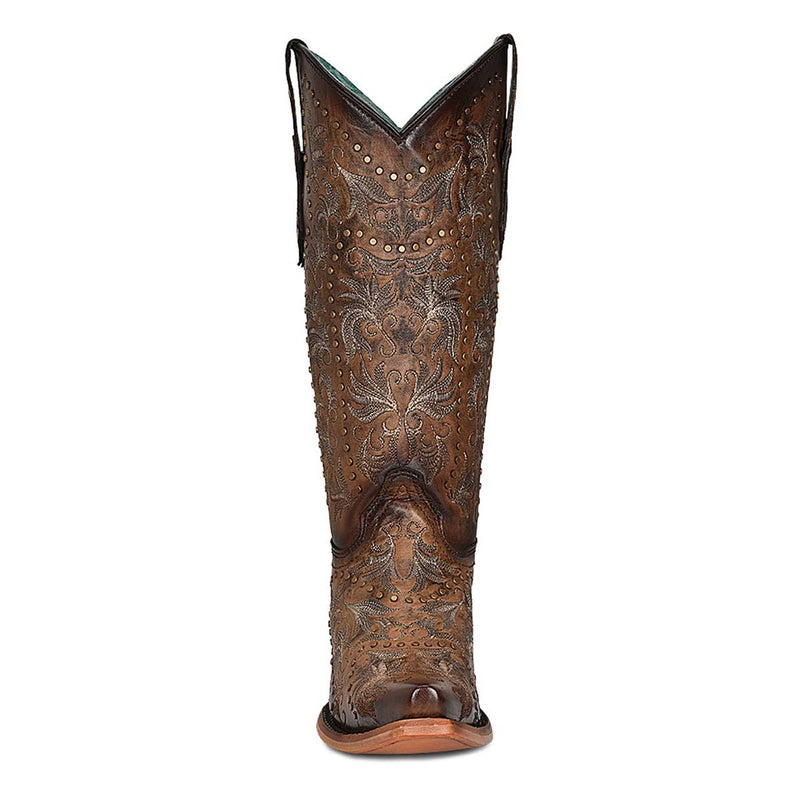 Women's brown cowboy boot with snip toe, embroidery all throughout the design and stud detail