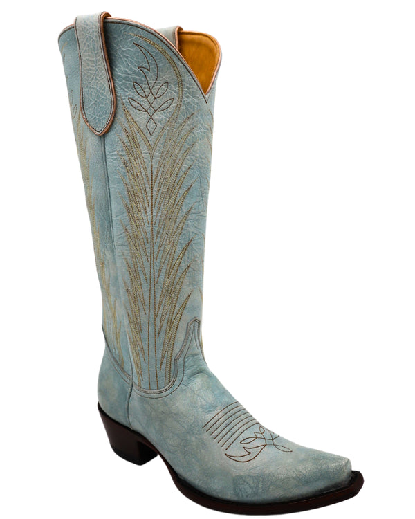 Tall pink and blue cowboy boots with unique stitching on the front and back