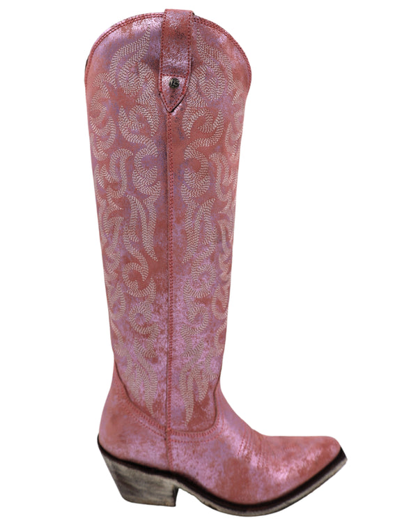 Pink metallic cowboy boots with rounded point toe, side zipper and western embroidery on the shaft