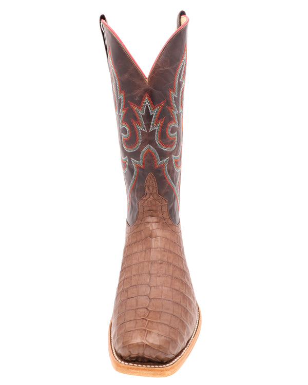 Brown cowboy boot with brown leather shaft and caiman belly vamp with narrow square toe