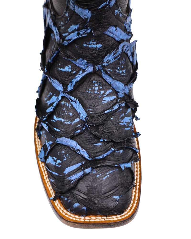 BLACK JACK MEN'S PIRARUCU MIDNIGHT BLUE BOOT, heel detail with  textured skin