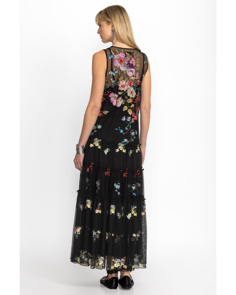 Mesh slip dress in the color black with multicolor flowers embroidered throughout