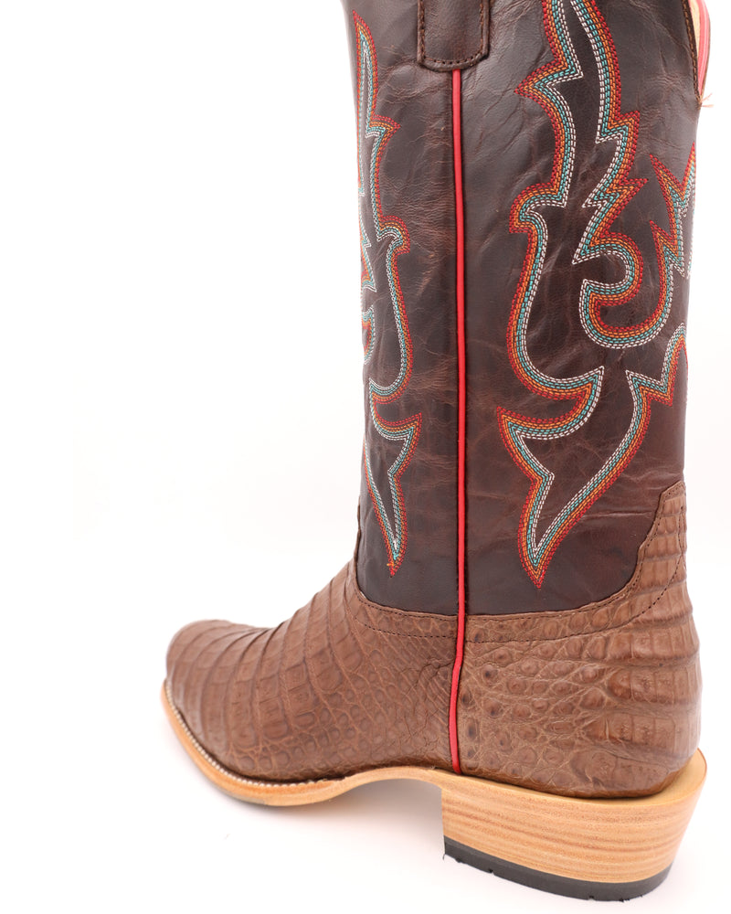 Brown cowboy boot with brown leather shaft and caiman belly vamp with narrow square toe