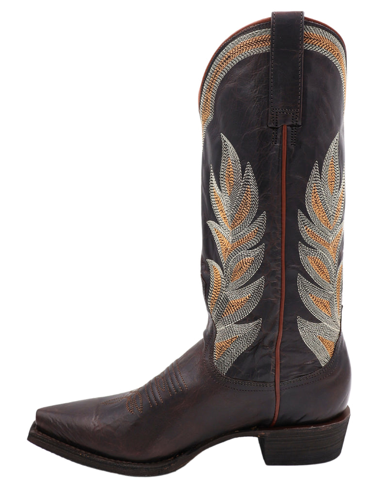 Dark brown cowboy boots with embroidered shaft, leather pull tabs on the side and snip toe detail