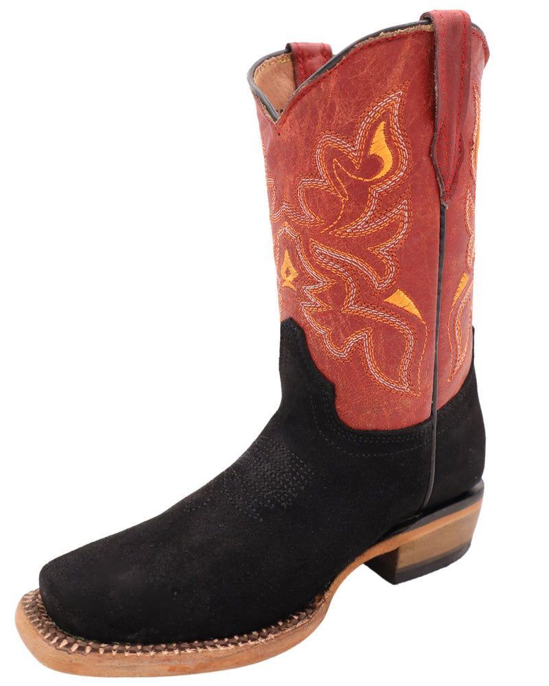 black rough out and dark cherry cowhide kids western boots