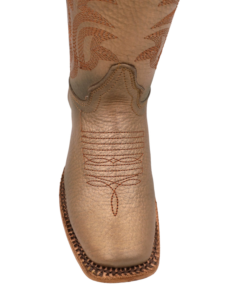 Bronze cowgirl kids boot with traditional western stitching and square toe