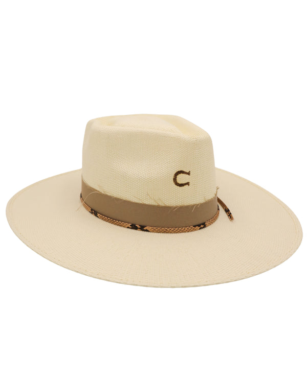 Straw flat brim hat with speak design on the crown, snake print cord, tan cloth hat band, concho on side of hat as well as silver arrow with turquoise on charm