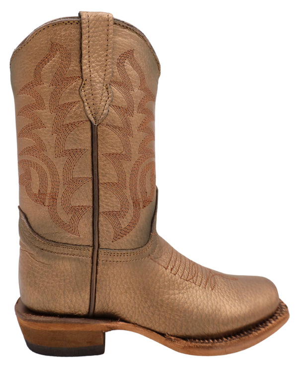 Bronze cowgirl kids boot with traditional western stitching and square toe 