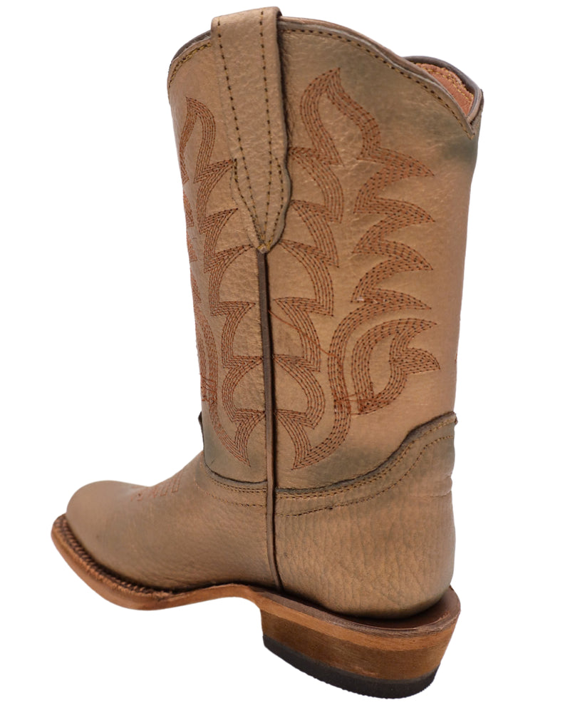 Bronze cowgirl kids boot with traditional western stitching and square toe