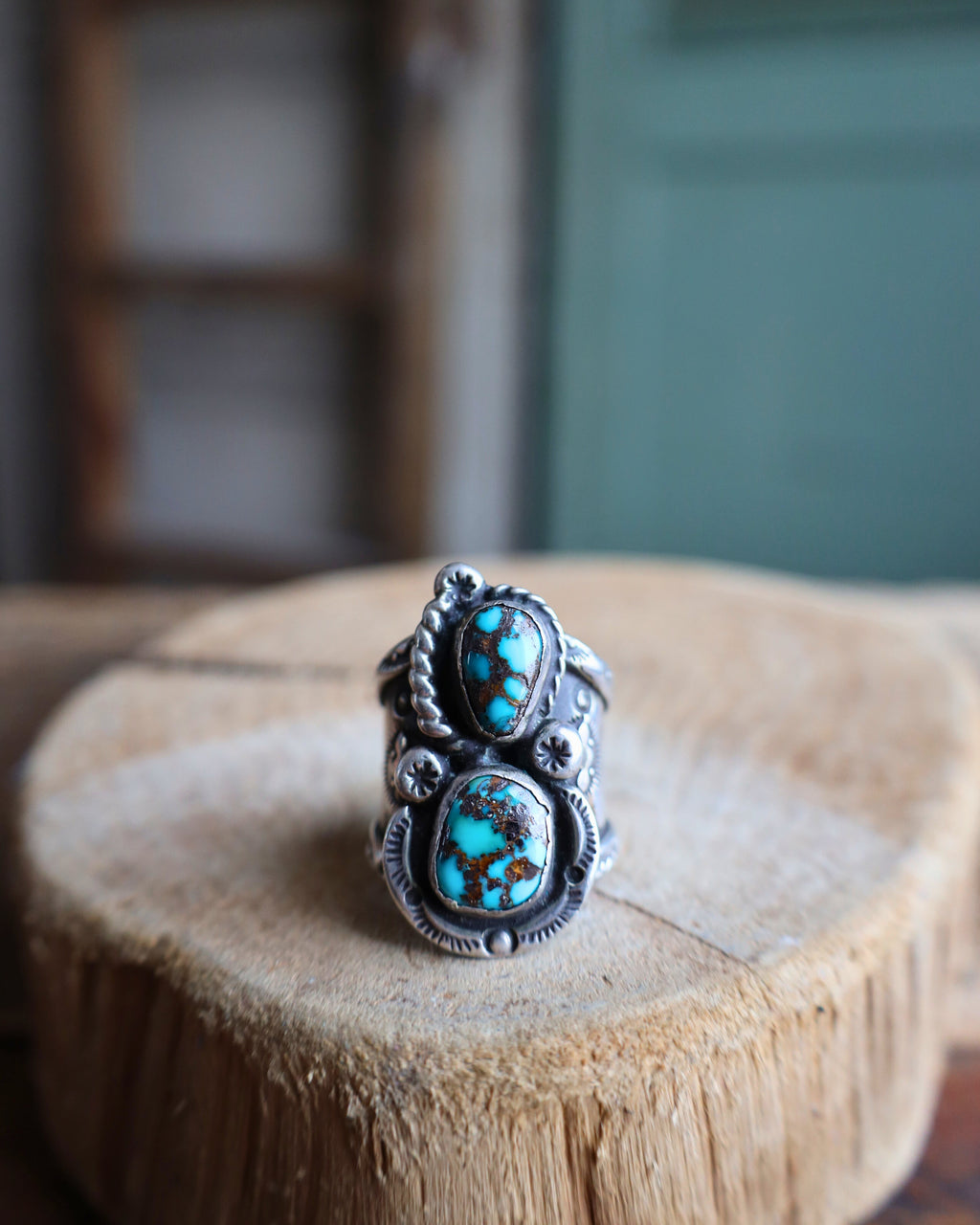 Vintage Native deals American Double Turquoise Sterling Silver Ring