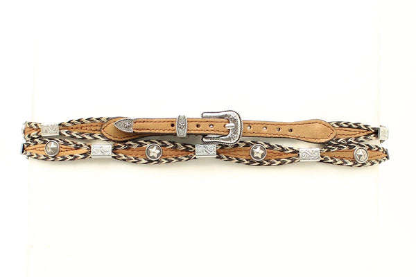 Hatband with round silver conchos and bars add a touch of western flare.