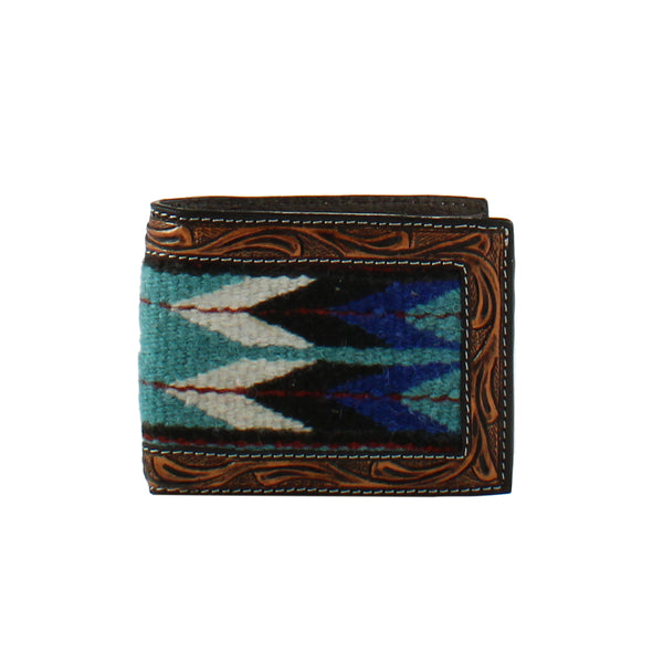Men's bifold wallet with brown tooled leather boarder and blue and white and turquoise carpet center in a tribal print