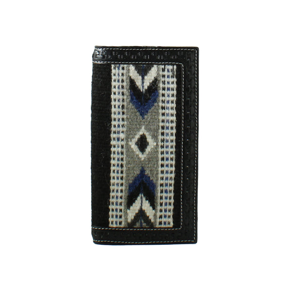Black leather wallet with woven arrow design