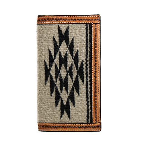 Decorative and stylish men’s 3D rodeo wallet. The inlay is a cream and black fabric in an Aztec design. Natural tan sunrise border in leather outline this great wallet. The back of the wallet is dark brown. Multiple slots for cards and a clear ID pocket