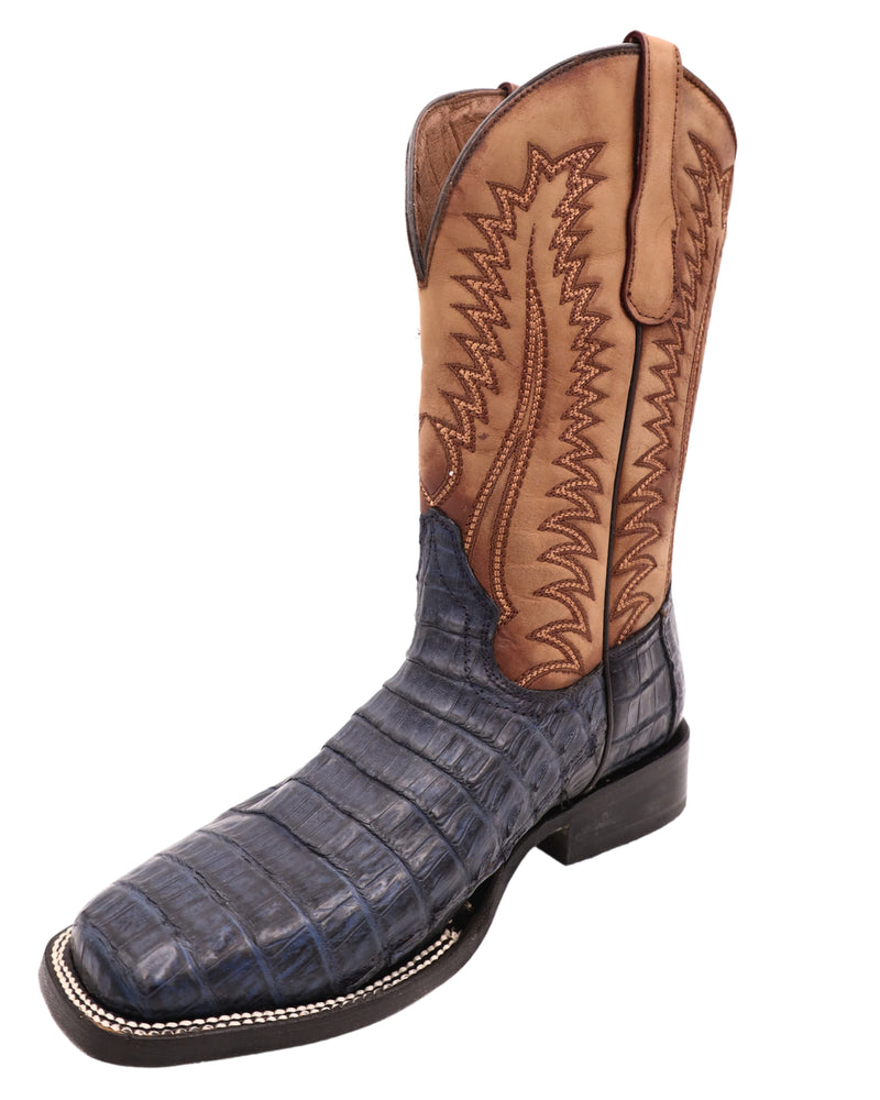 Men's navy blue caiman boots with tan shaft and wide square toe
