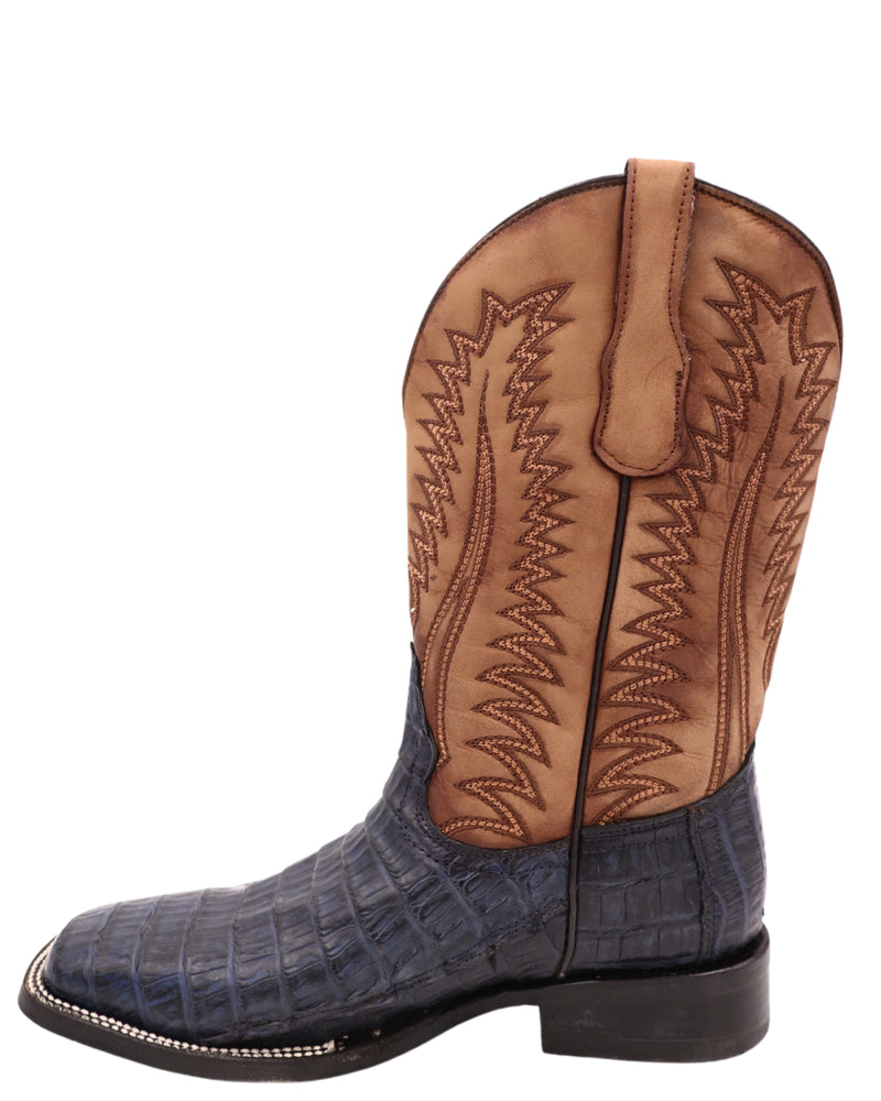 Men's navy blue caiman boots with tan shaft and wide square toe