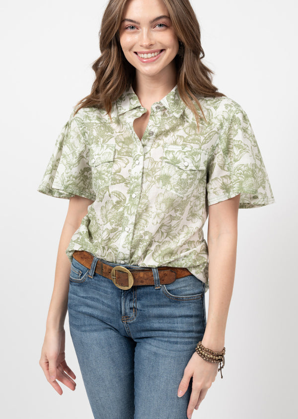 botanical print and designed with short sleeves and a button-up front top