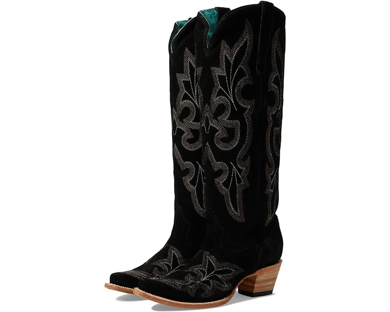 Women's tall top black suede boot with snip toe and zipper on the inside of the shaft