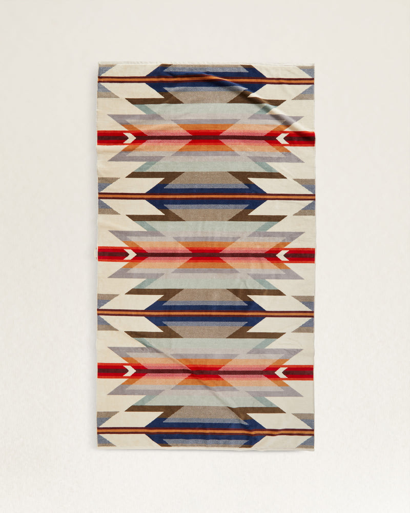 Aztec spa towel in white, navy, brown, red, orange and yellow colorway