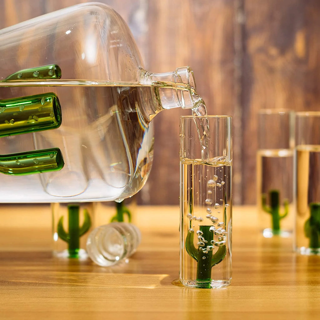 THE WINE SAVANT Tequila Decanter Set with Cactus Decanter and 6